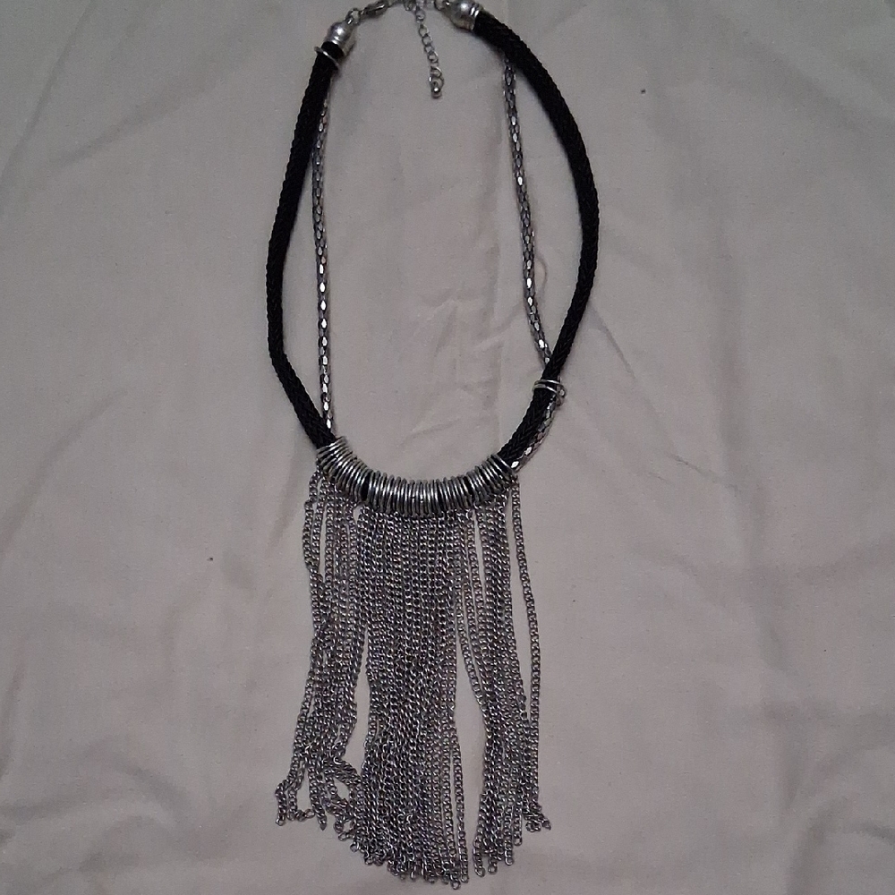 Elegant Silver and Black Fringe Necklace